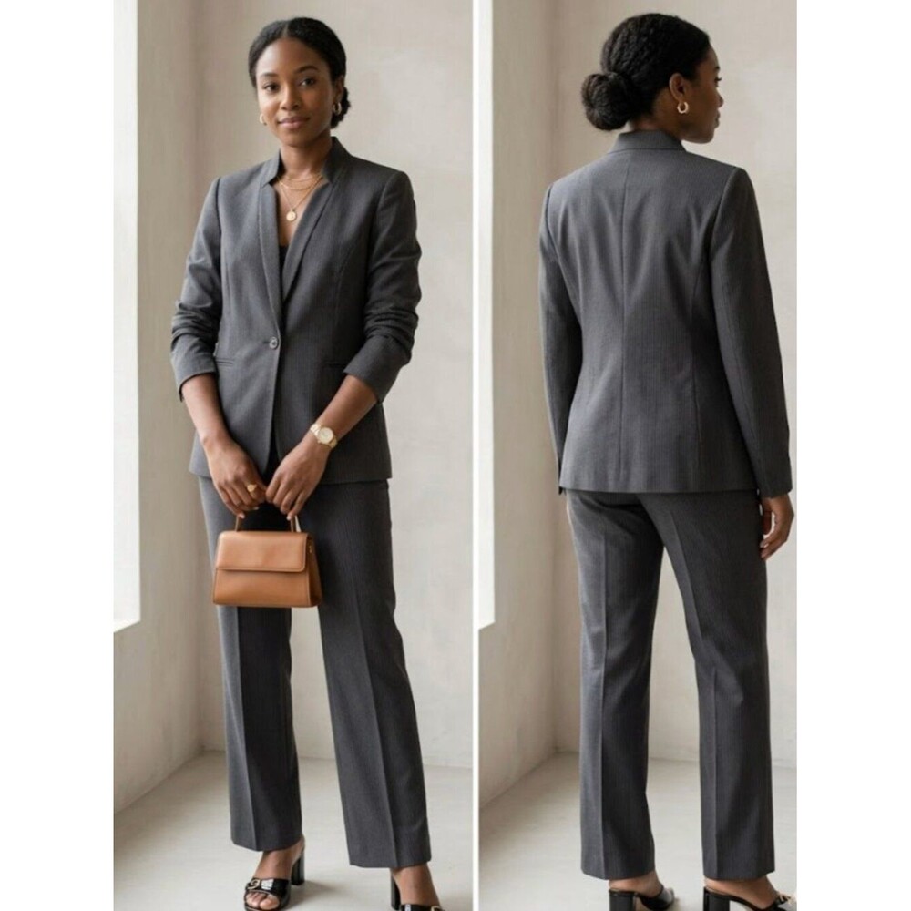 Tahari Arthur S. Levine Gray Pinstripe Career Pantsuit Set Blazer Pants Size 10
